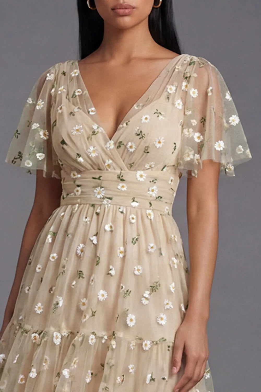 Floral Champagne A Line Wedding Guest Dress with Short Sleeves