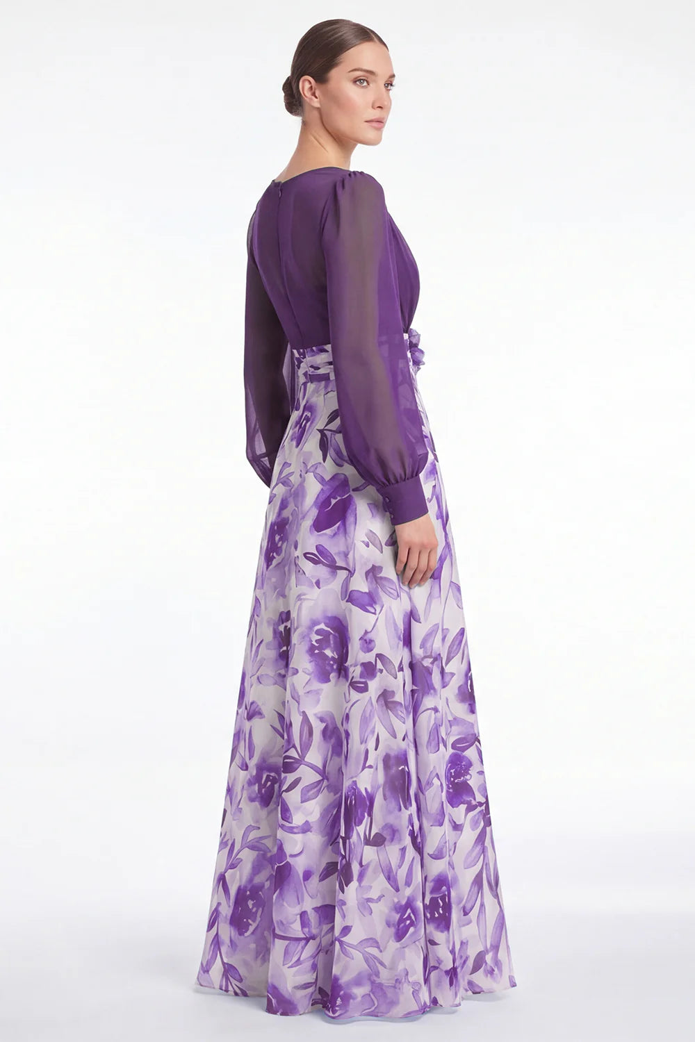 A Line Blue Flower V Neck Mother of the Bride Dress with Long Sleeves