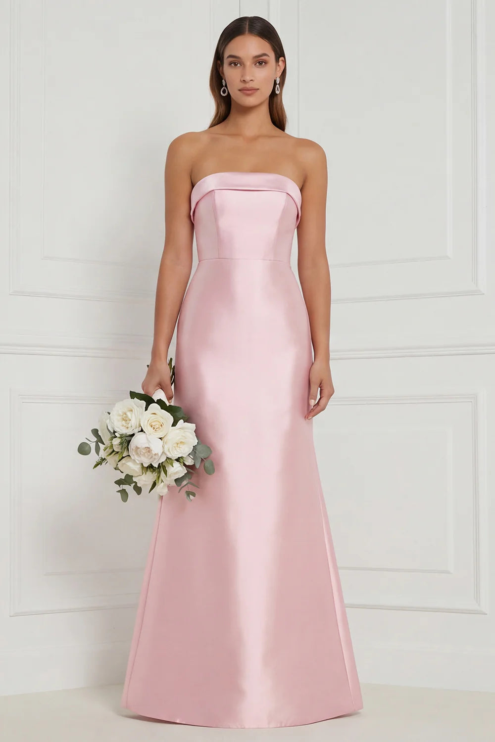 Strapless Mermaid Dusty Rose Satin Long Bridesmaid Dress