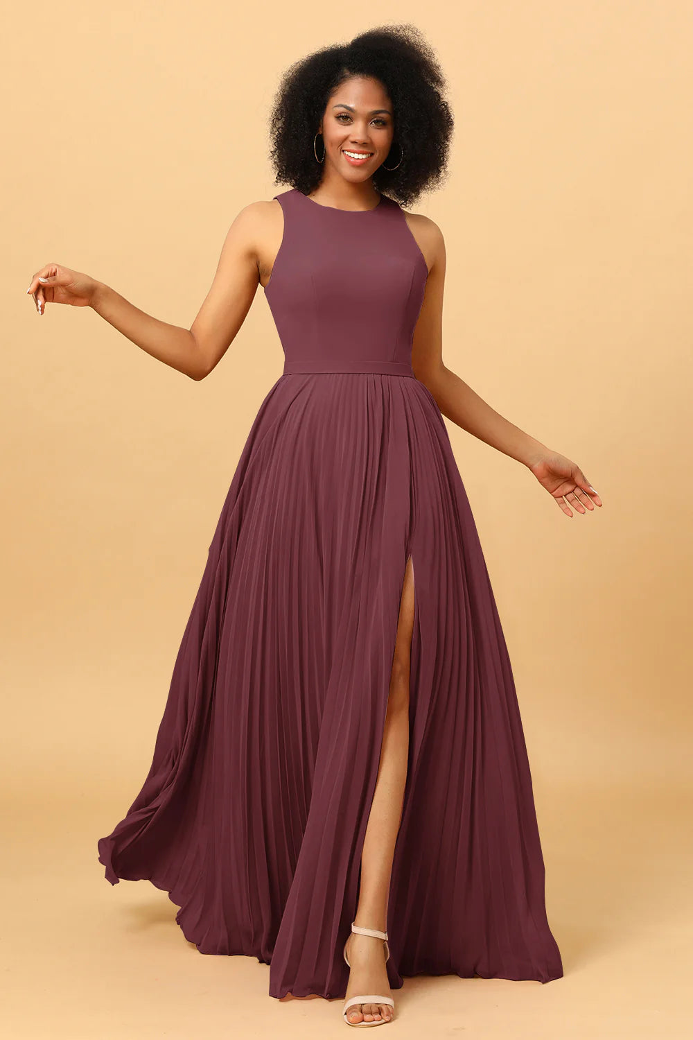 A Line Pleated Long Chiffon Bridesmaid Dress with Ruffles