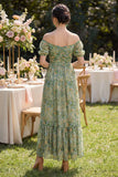 Off the Shoulder Floral Dusty Green Wedding Guest Dress with Puff Sleeves