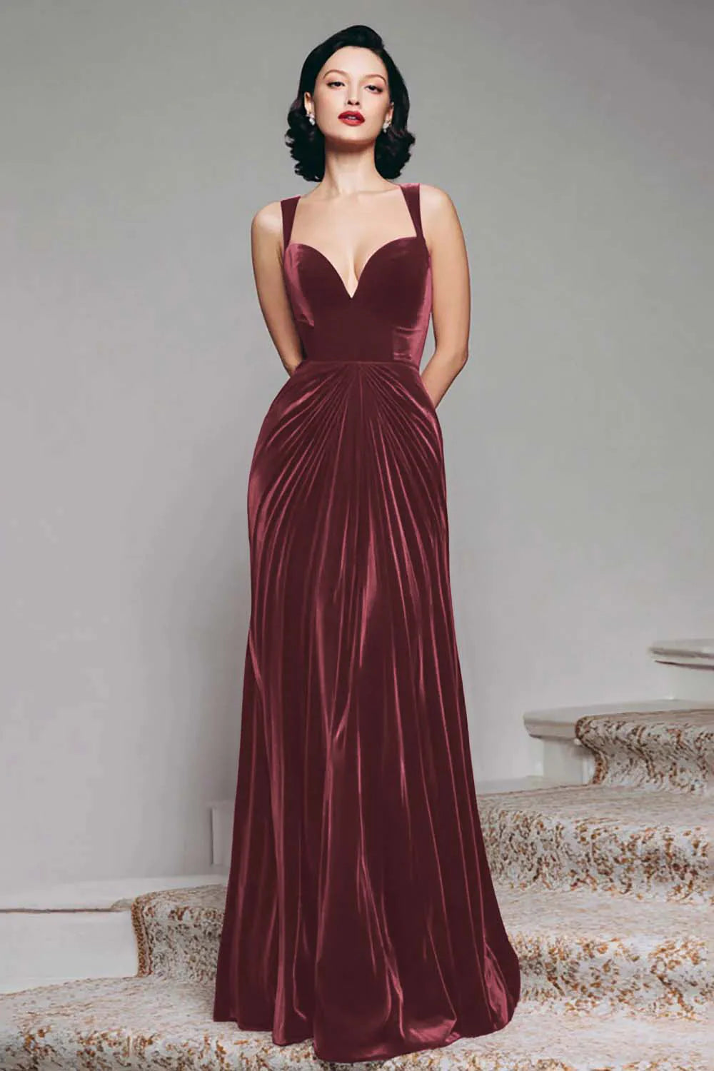 Black Velvet A Line Thick Straps Ruched Maxi Holiday Party Dress