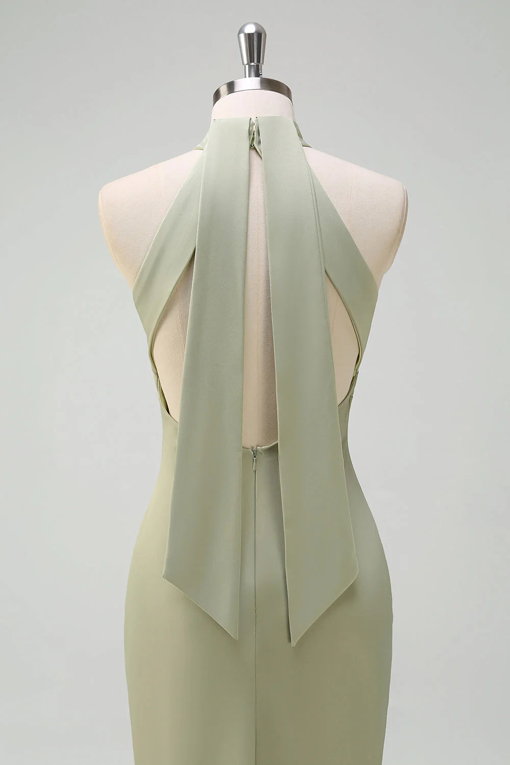 Elegant Sage Mermaid High Neck Satin Open Back Floor Length Bridesmaid Dress