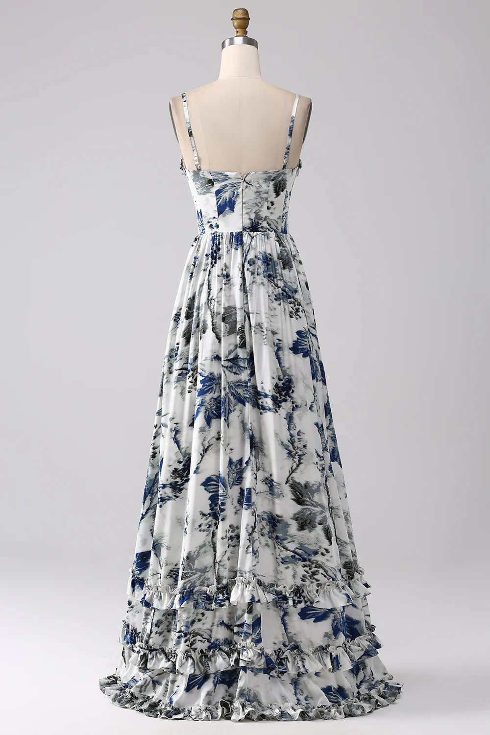 Blue A Line Spaghetti Straps Pleated Printed Long Bridesmaid Dress With Slit