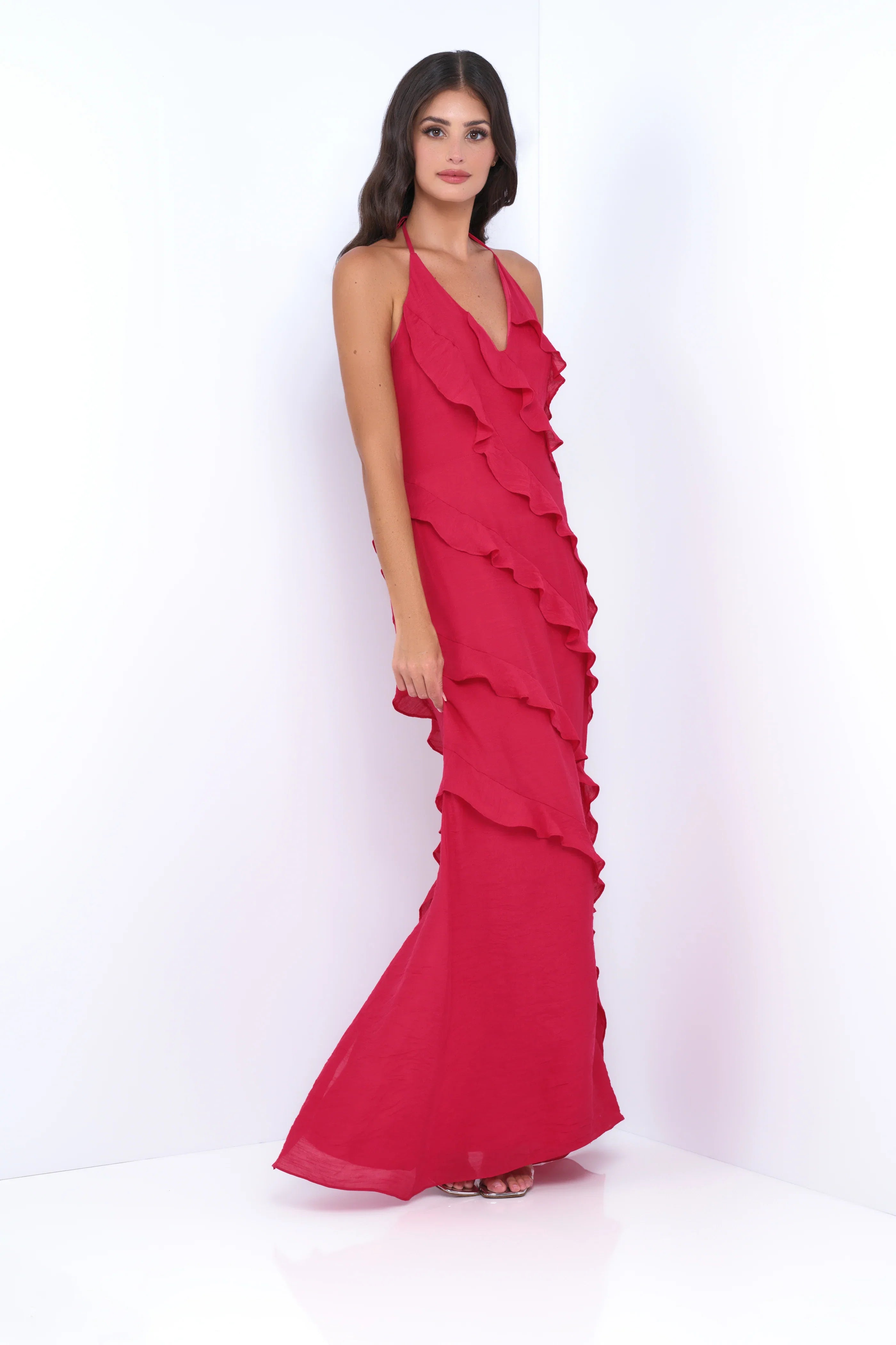 Remi Red Maxi Dress Halter Neck Open Back Ruffle Detail