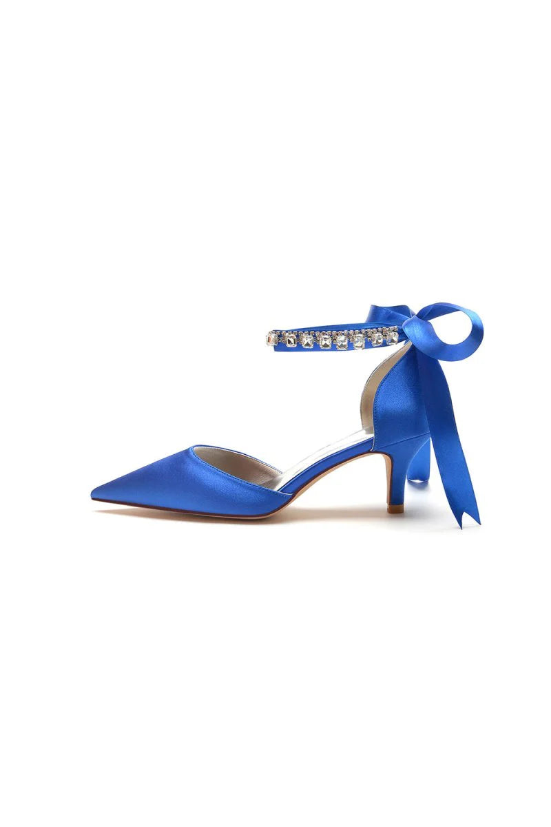 Pointed Toe Ribbons Kitten Heels With Diamond