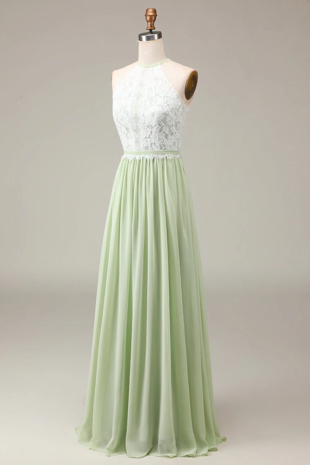 Dusty Sage A Line Halter Neck Lace and Chiffon Floor Length Bridesmaid Dress