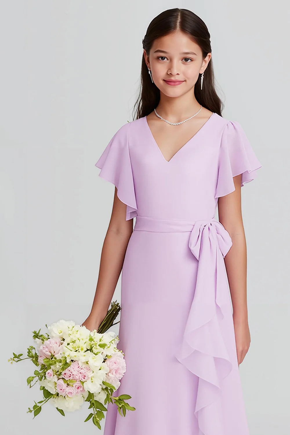 Purple A Line Chiffon V Neck Junior Bridesmaid Dress