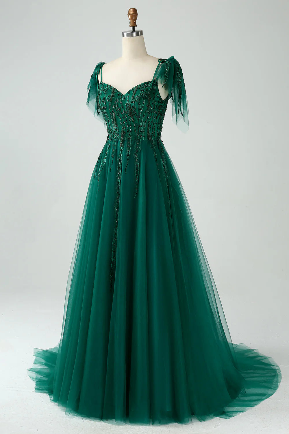Dark Green A Line Spaghetti Straps Long Prom Dress with Beading