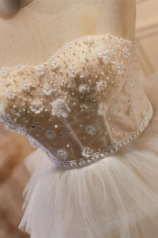 White Tulle 3D Floral Lace A Line Tiered Homecoming Dress