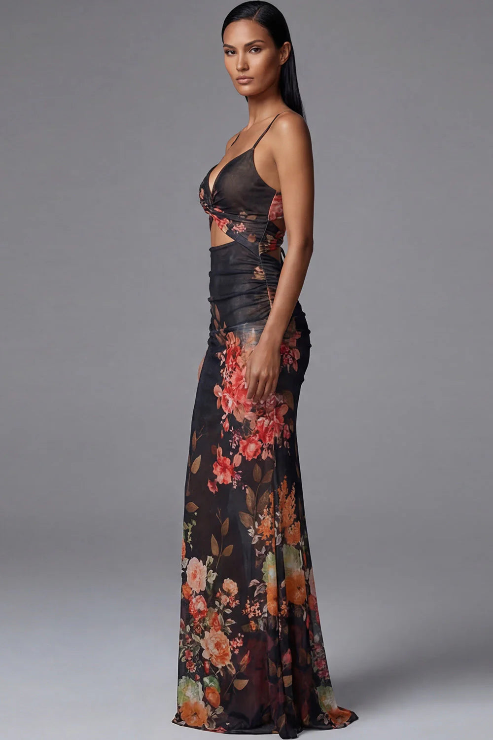 Mermaid Ruched Black Cut Out Floral Formal Dress with Lace up Back