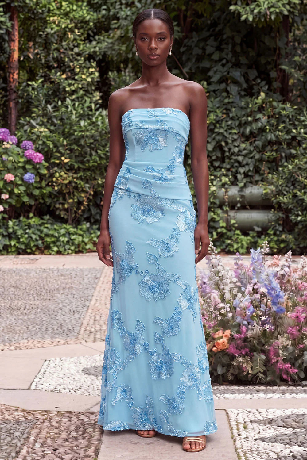 Strapless Blue Mermaid Floral Embroidery Wedding Guest Dress
