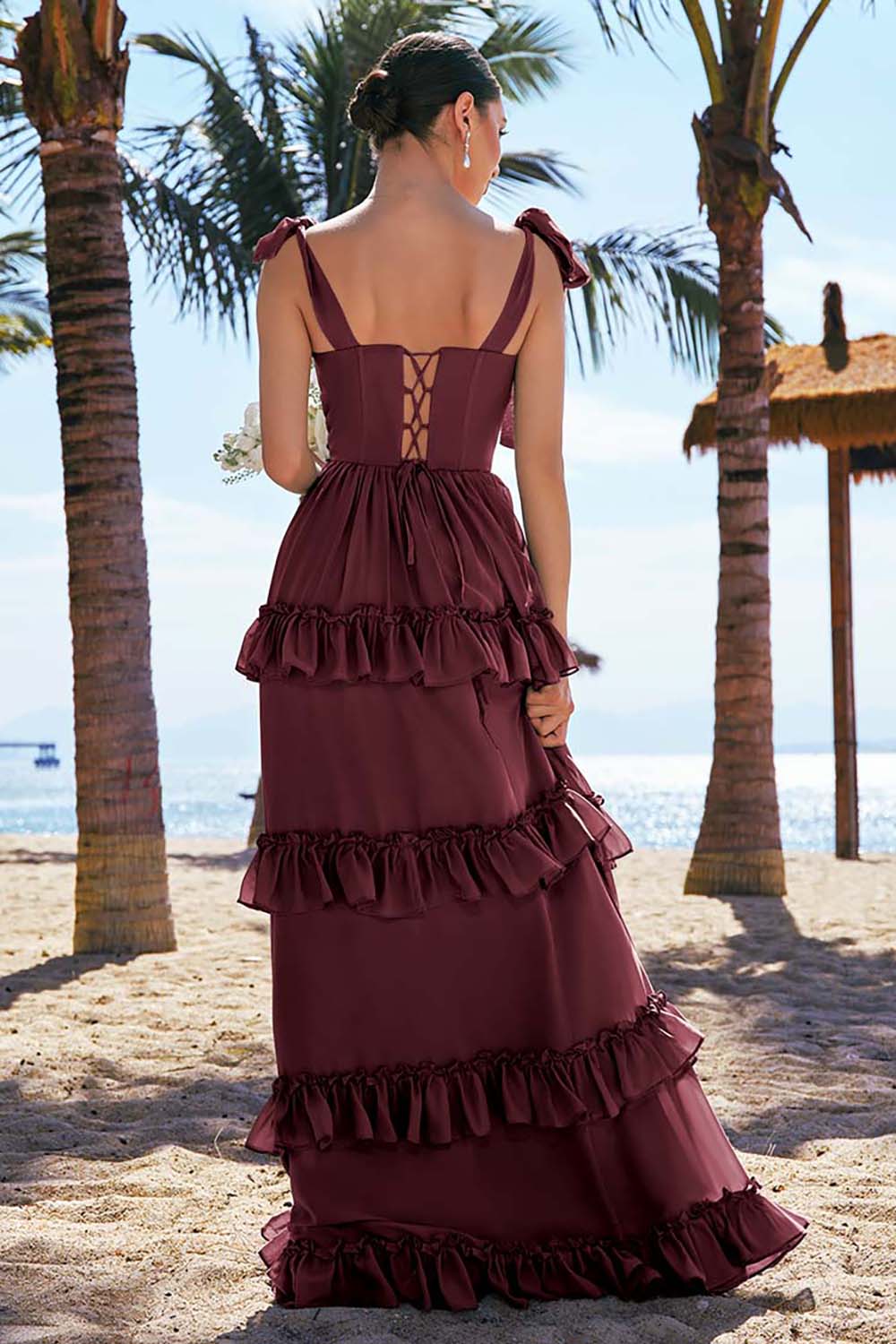 Eucalyptus A Line Bow Tie Straps Corset Tiered Long Bridesmaid Dress with Slit