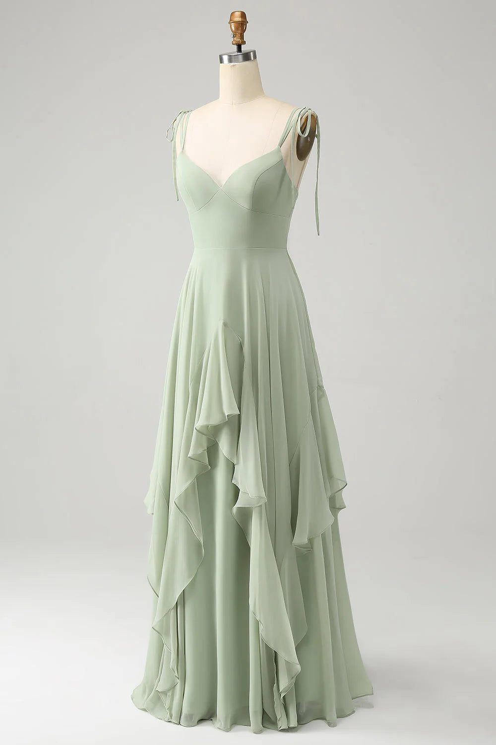 Elegant Matcha A Line High Low Hem Chiffon Long Bridesmaid Dress with Ruffles
