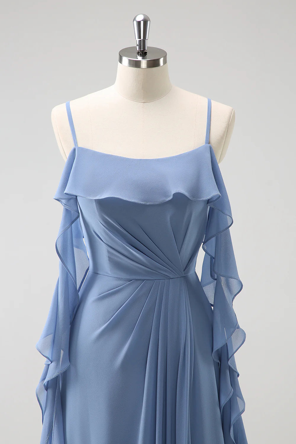 Grey Blue A Line Spaghetti Straps Pleated Chiffon Long Bridesmaid Dress with Slit