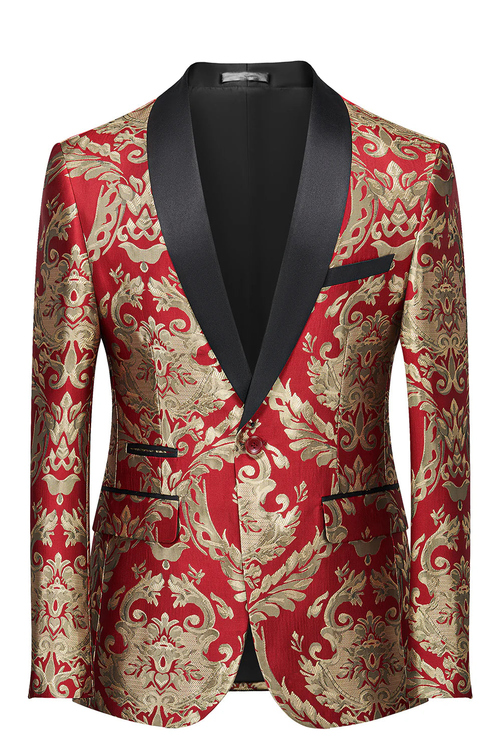 Mens Red Shawl Lapel One Button Jacquard Prom Blazer