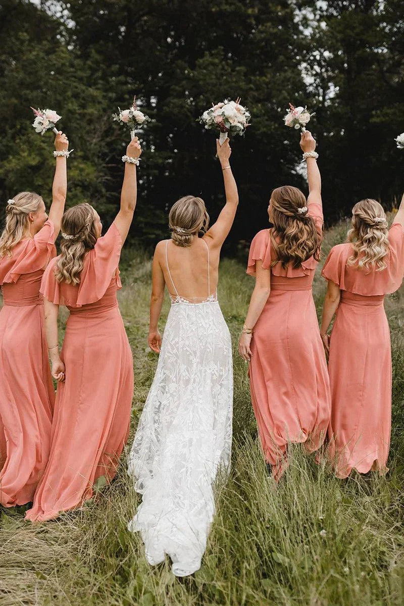 Simple A Line Coral Chiffon Long Bridesmaid Dresses