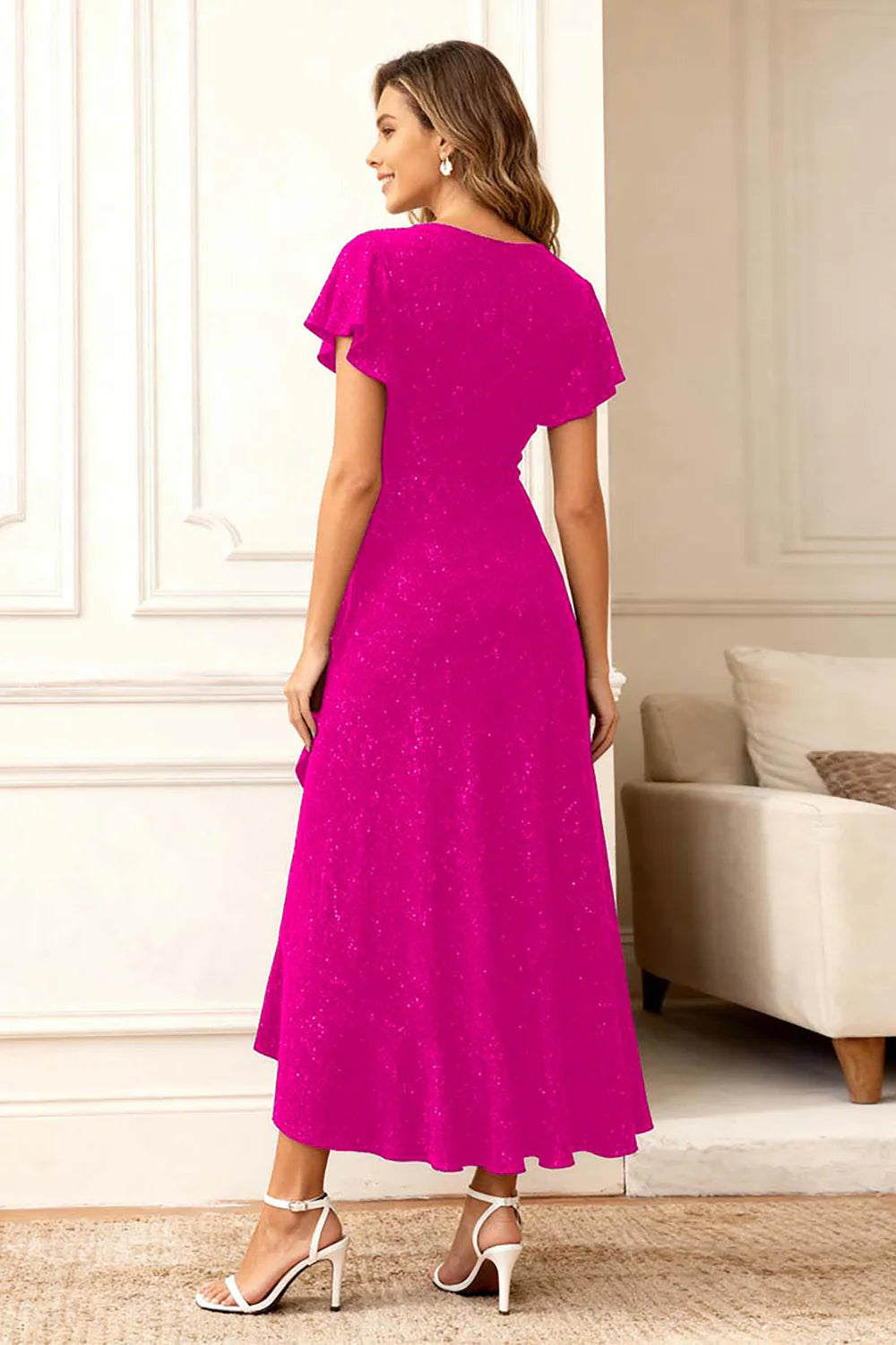 Glitter Black A Line Round Neck Ruffled Holiday Party Dress
