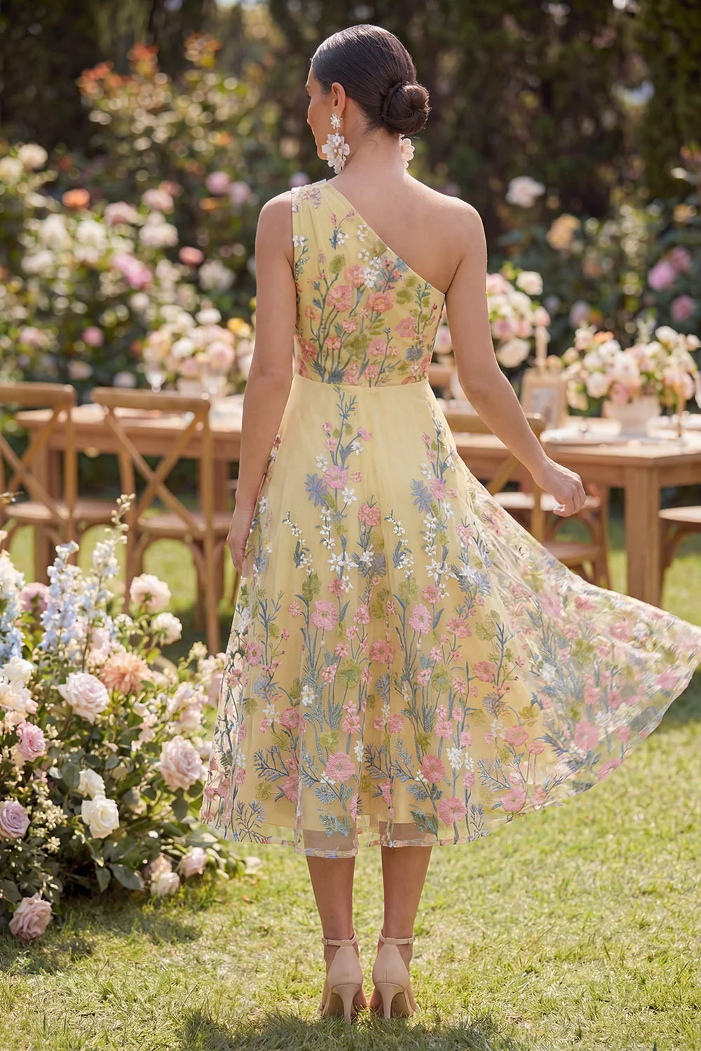 A Line Yellow One Shoulder Floral Wedding Guest Dress