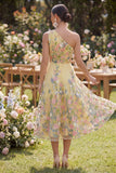 A Line Yellow One Shoulder Floral Wedding Guest Dress
