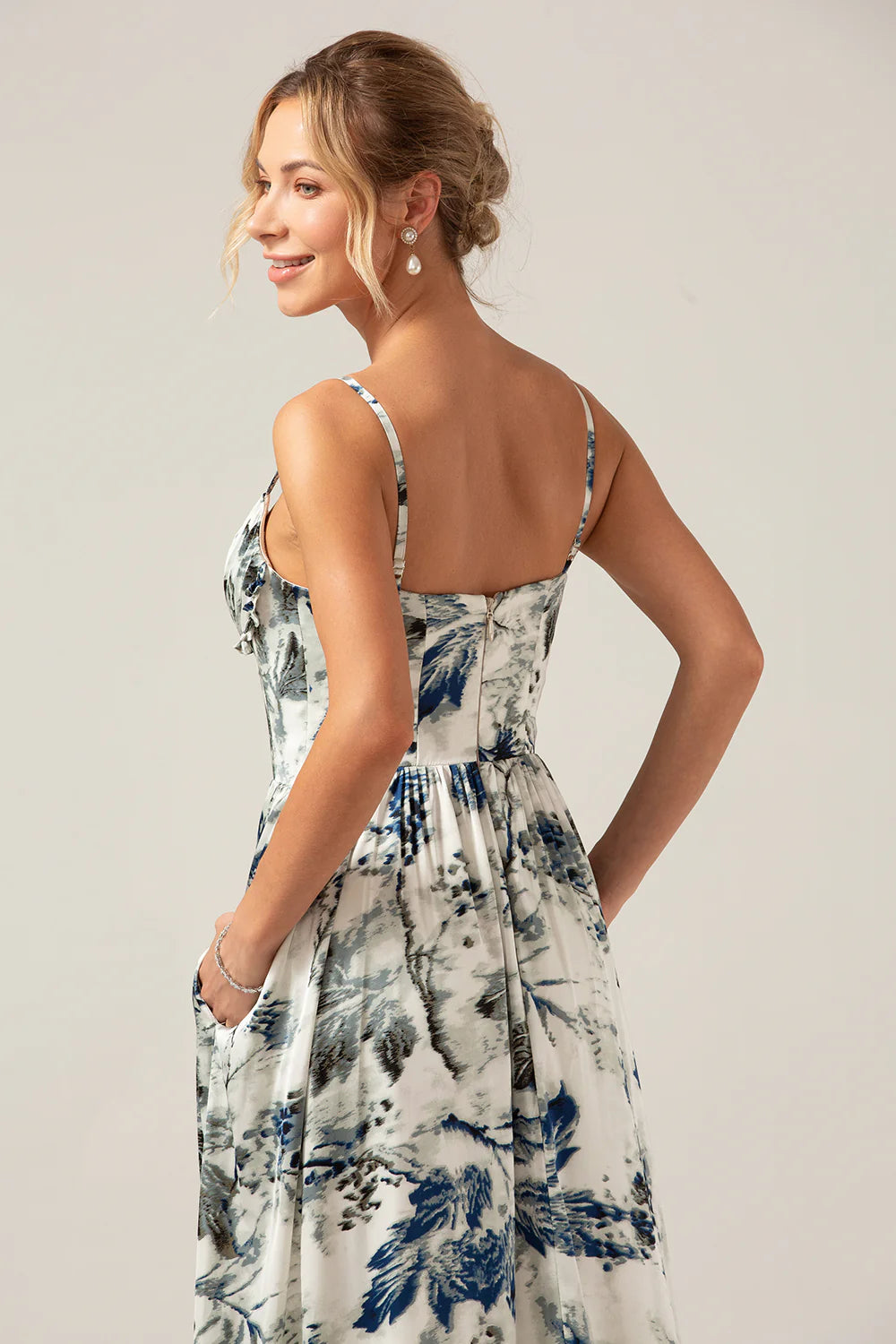 Blue Printed A Line Spaghetti Straps Pleated Long Bridesmaid Dress With Slit