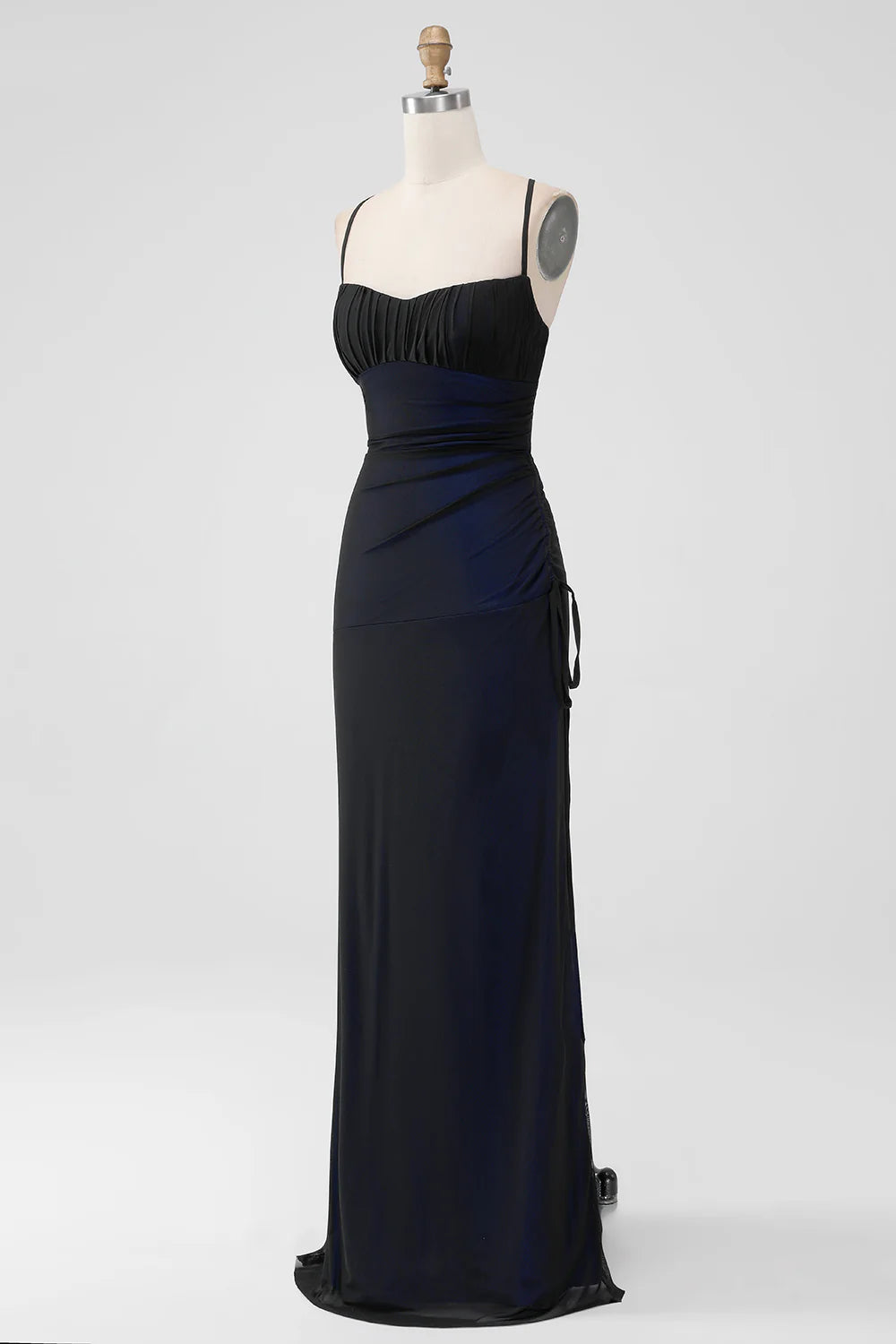 Sheath Spaghetti Straps Floor Length Black Blue Bridesmaid Dress with Elasticity