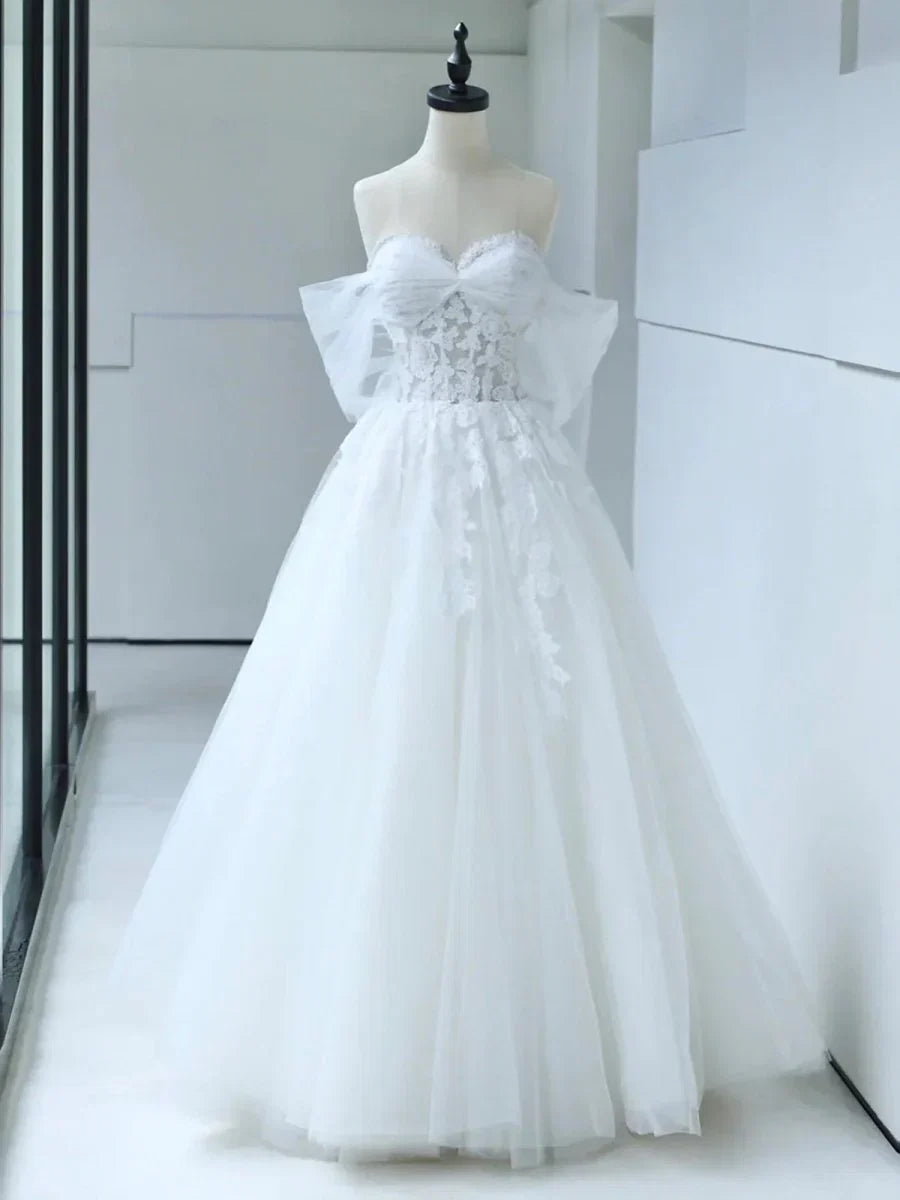 Off the Shoulder White Lace Appliques Sleeveless Lace Up Wedding Dresses