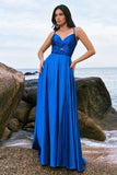 Ink Blue A Line Keyhole Satin Pleated Long Bridesmaid Dress with Slit