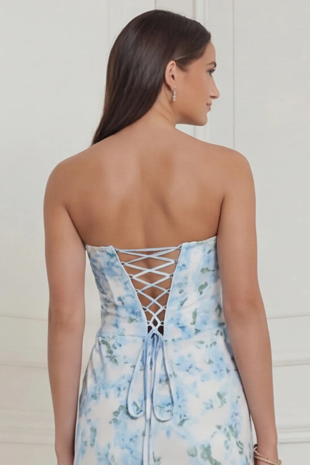 Strapless Corset Blue White Flower Bridesmaid Dress with Lace up Back