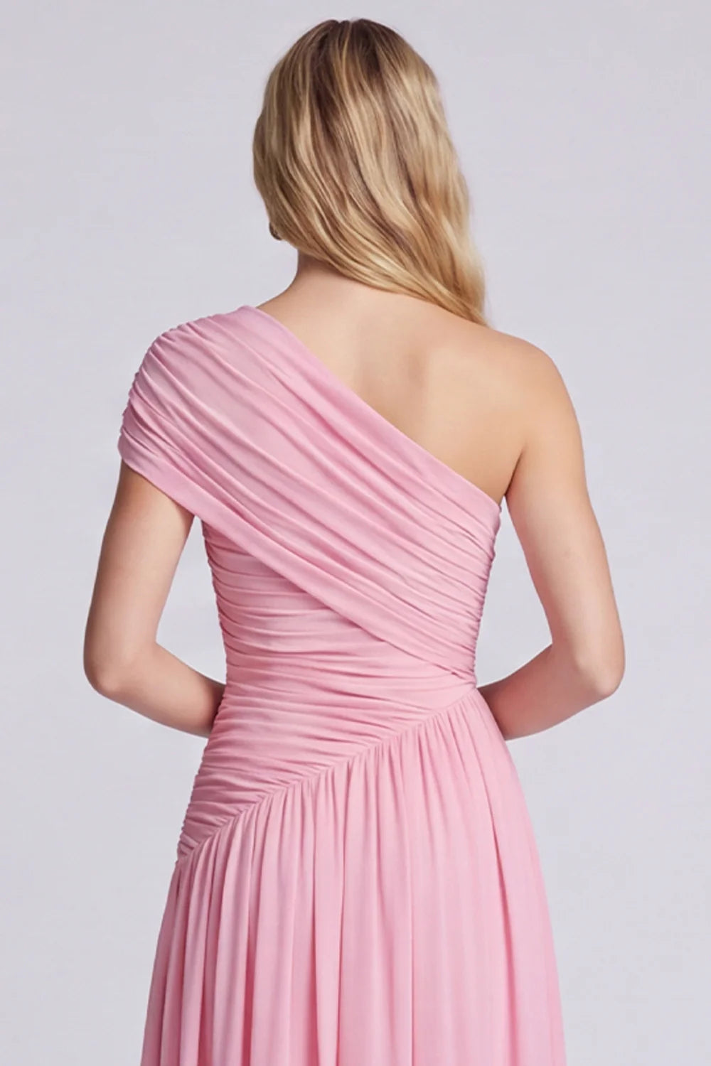 One Shoulder Pink A Line Ruched Bridesmaid Dress