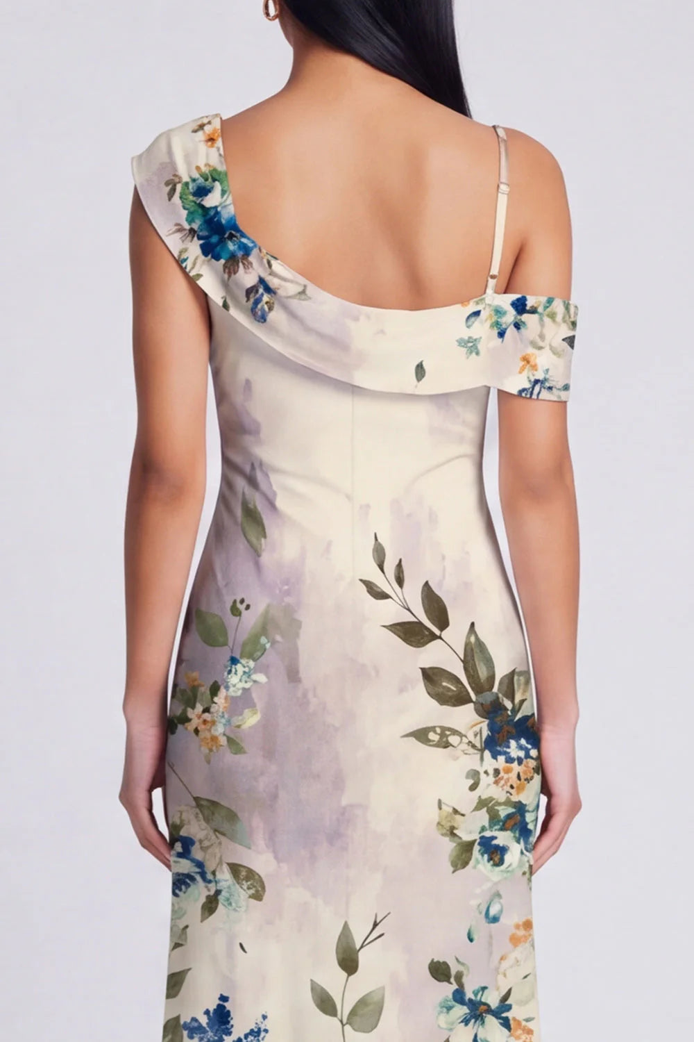 Champagne Asymmetrical Neck Floral Wedding Guest Dress