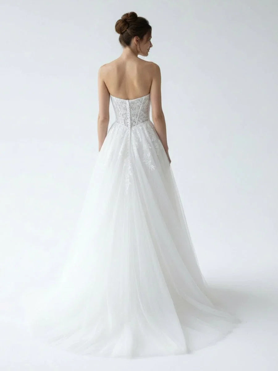 Charming A Line Strapless Tulle Lace Wedding Dresses
