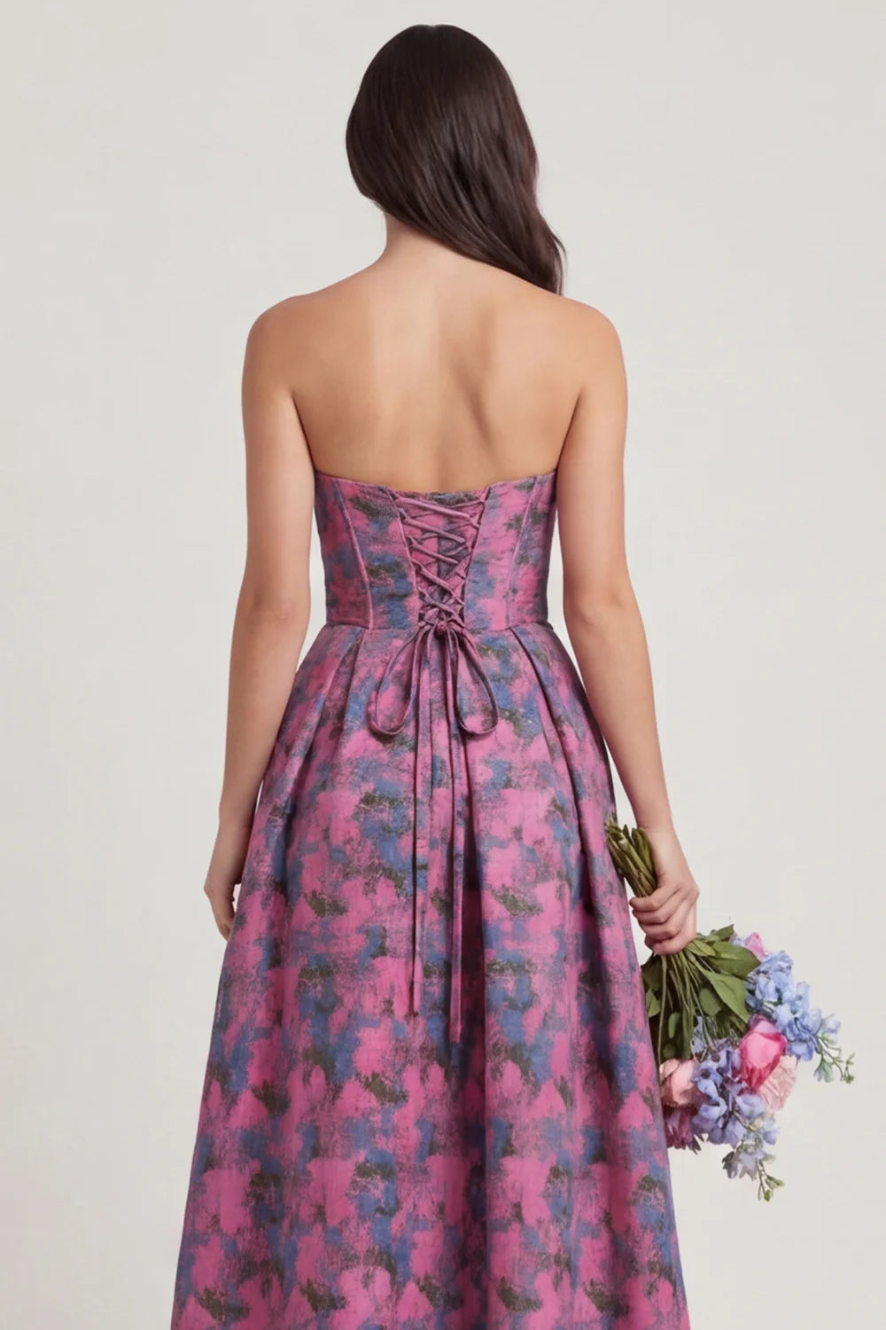 Fuchsia Strapless A Line Printed Corset Long Wedding Guest Dress