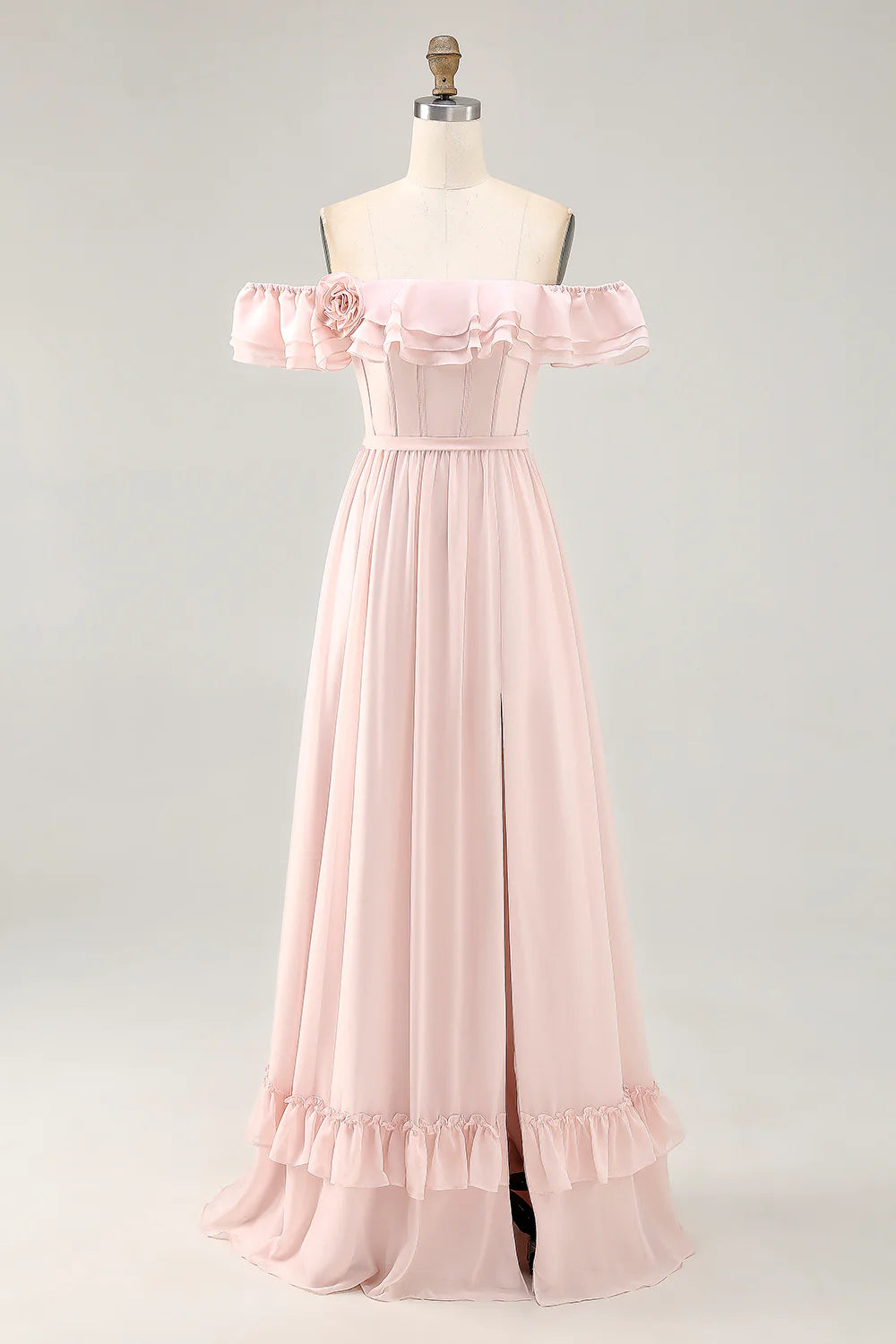 Dusty Sage A line Off The Shoulder Chiffon Long Bridesmaid Dress with Slit