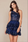 CHRISTIE MINI DRESS NAVY BLUE ONE SHOULDER TIERED SHORT DRESS