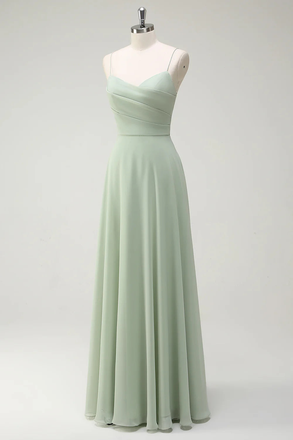 Dusty Sage A Line Spaghetti Straps Chiffon Pleated Long Bridesmaid Dress