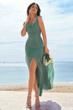 Eucalyptus A Line Square Neck Backless Floor Length Bridesmaid Dress with Slit