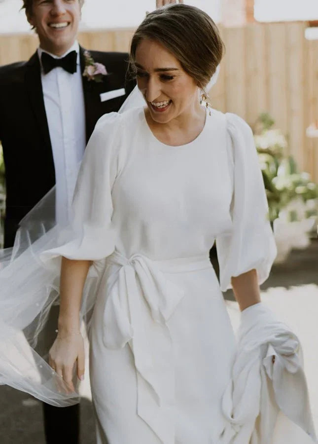 Simple Elegant Half Sleeves Crepe O Neck White Wedding Dresses with Sash