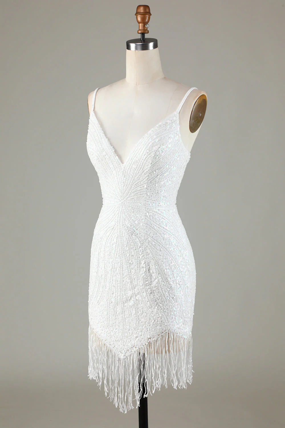 Sparkly White Bodycon Lace Up Back Beaded Short Homecoming Dress with Tassel