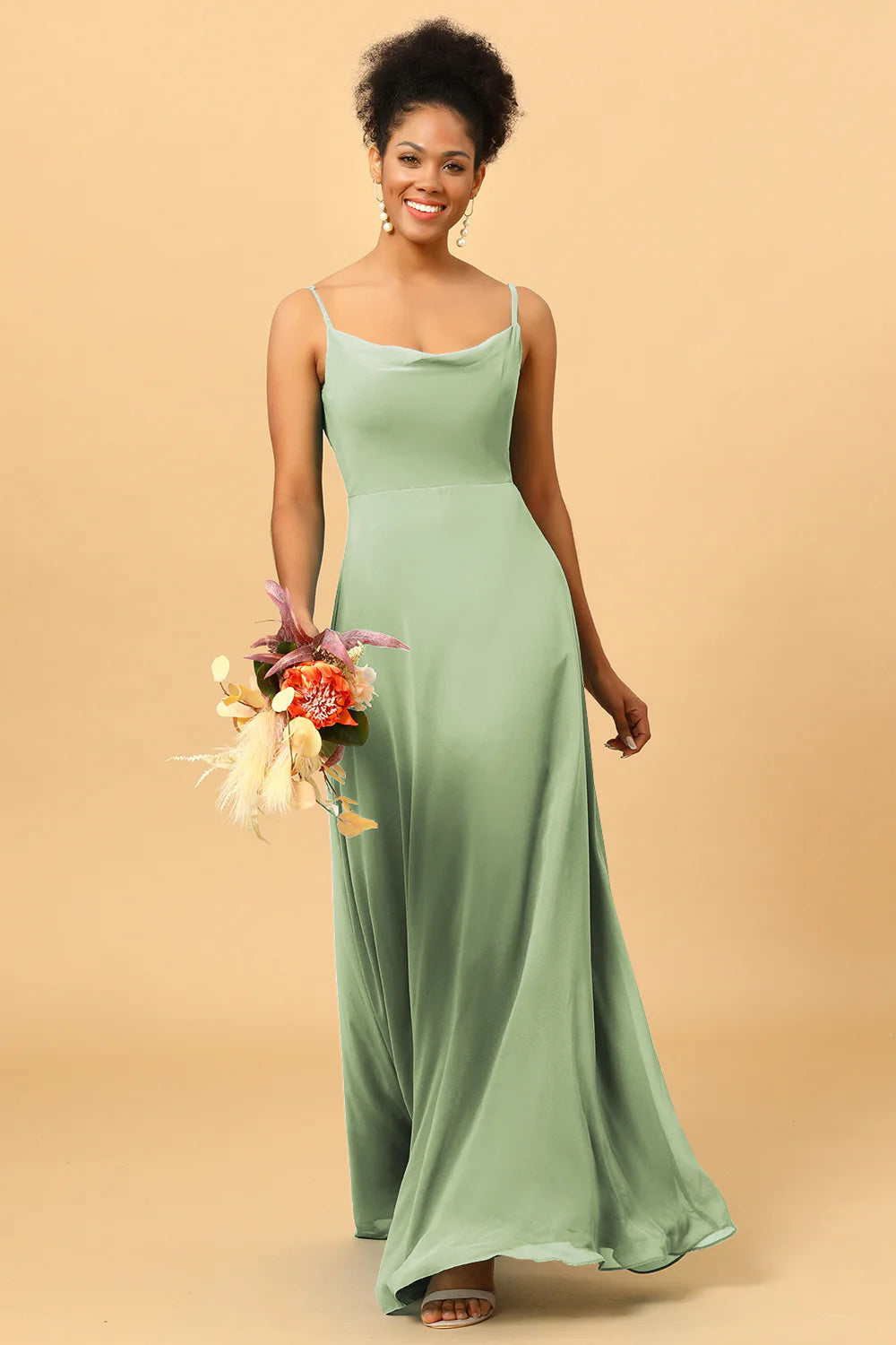 A Line Spaghetti Straps Floor Length Chiffon Bridesmaid Dress
