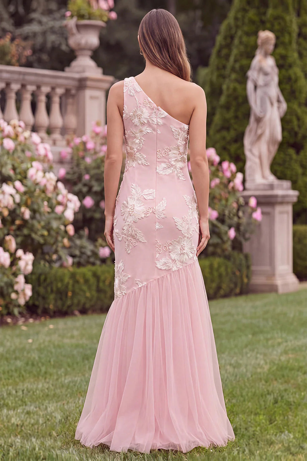 Pink One Shoulder Mermaid Floral Wedding Guest Dress