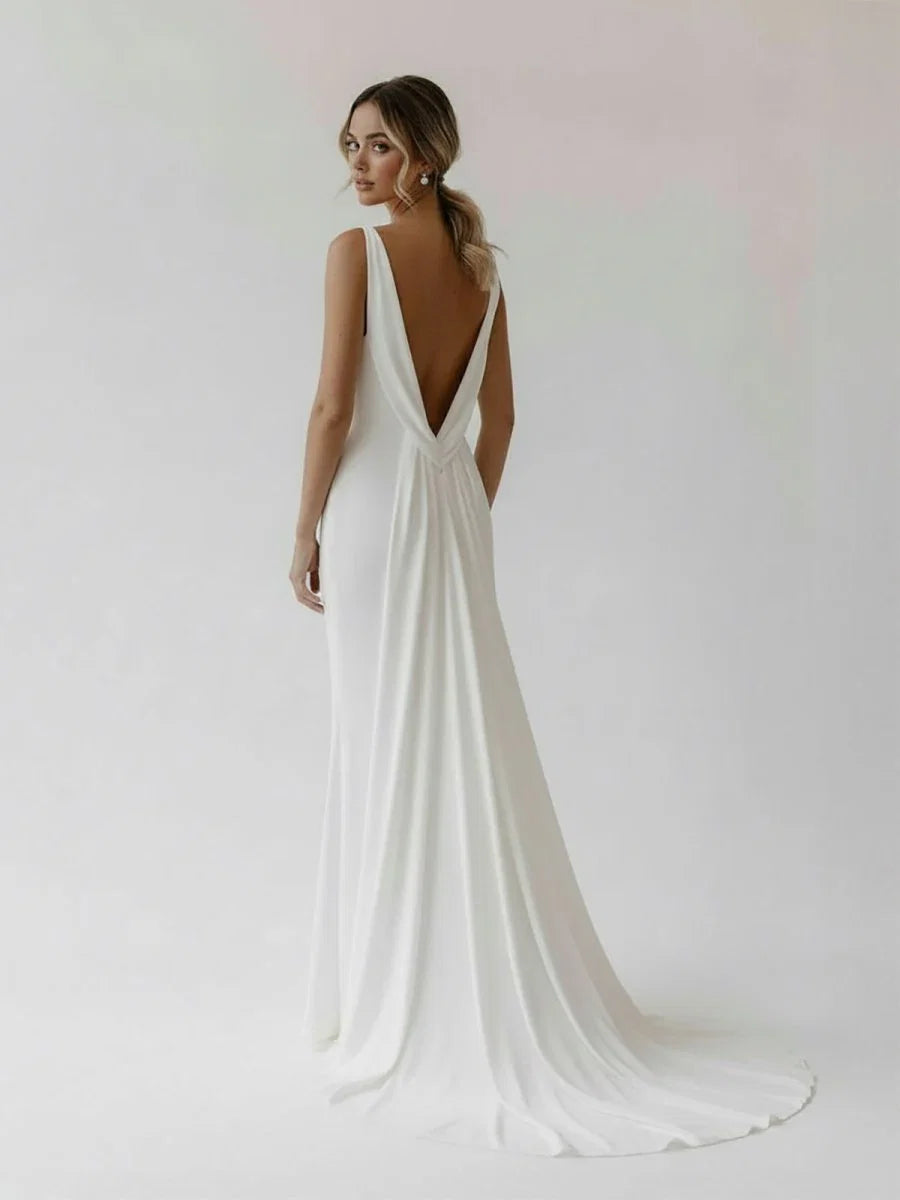 Mermaid Deep V Neck Backless White Wedding Dress