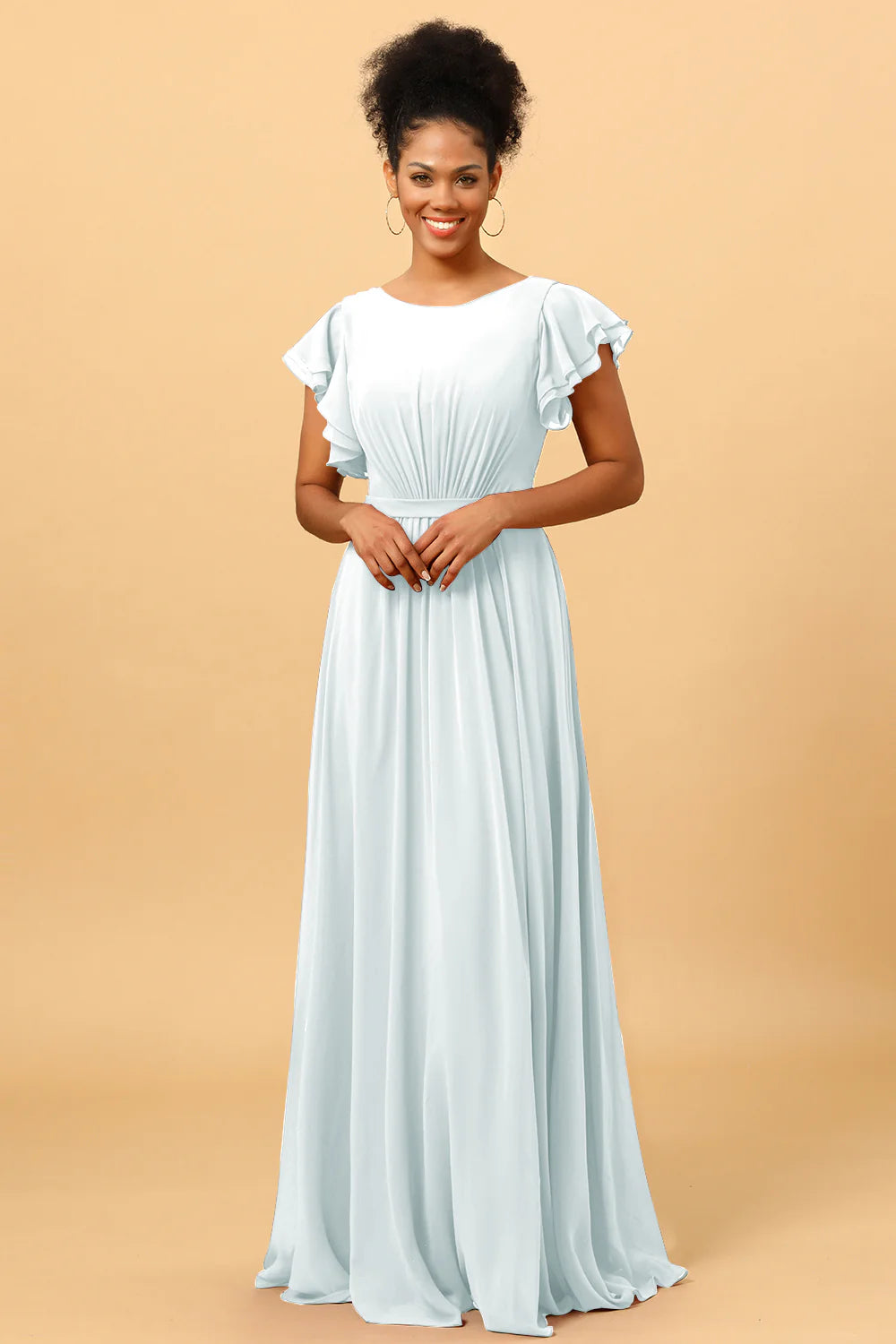 A Line Bateau Neck Ruched Long Chiffon Bridesmaid Dress with Ruffles