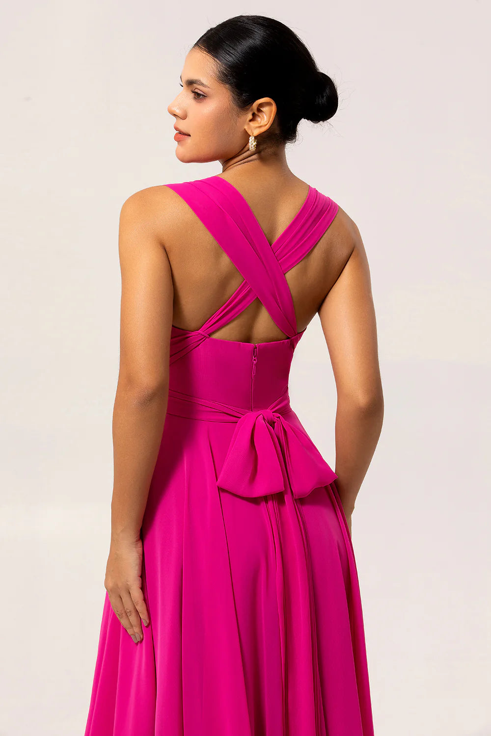Blush Pink A Line Ruched Backless Convertible Chiffon Long Bridesmaid Dress with Slit