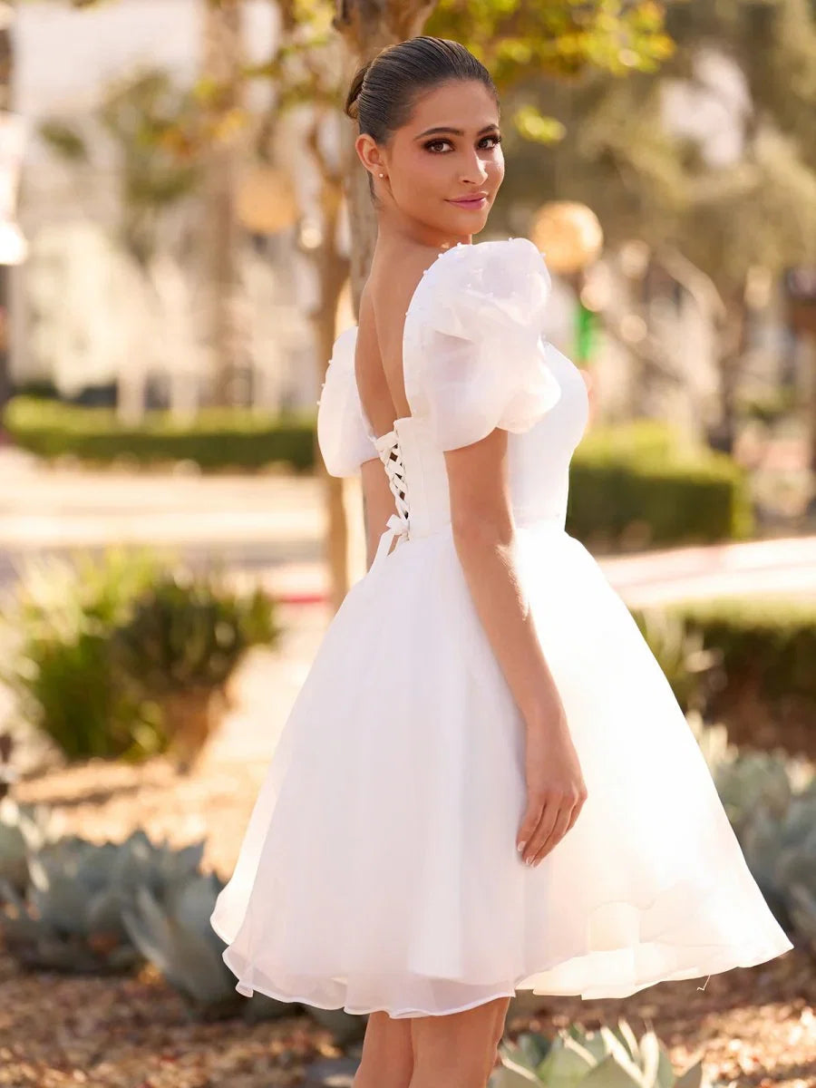 A Line Square Neck Short Wedding Dress With Puffy Pearls Sleeves