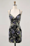 Sparkly Black Bodycon Spaghetti Straps Floral Short Homecoming Dress with Sequins