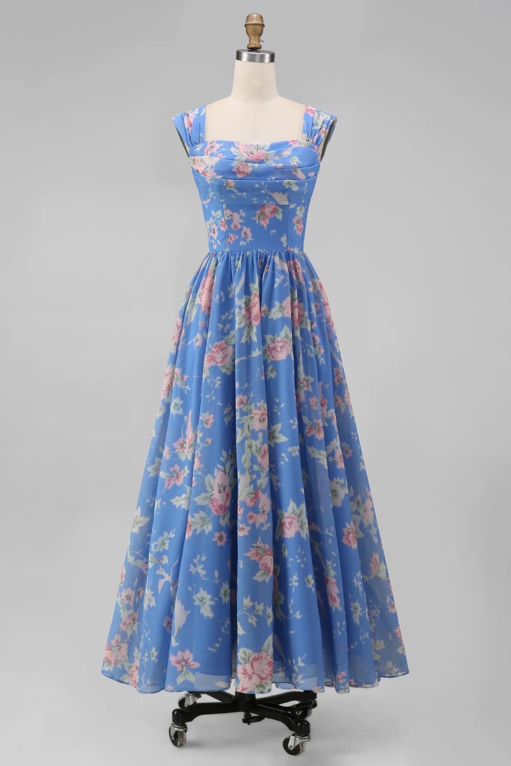 Floral Blue A Line Midi Wedding Guest Dress with Cap Sleeves