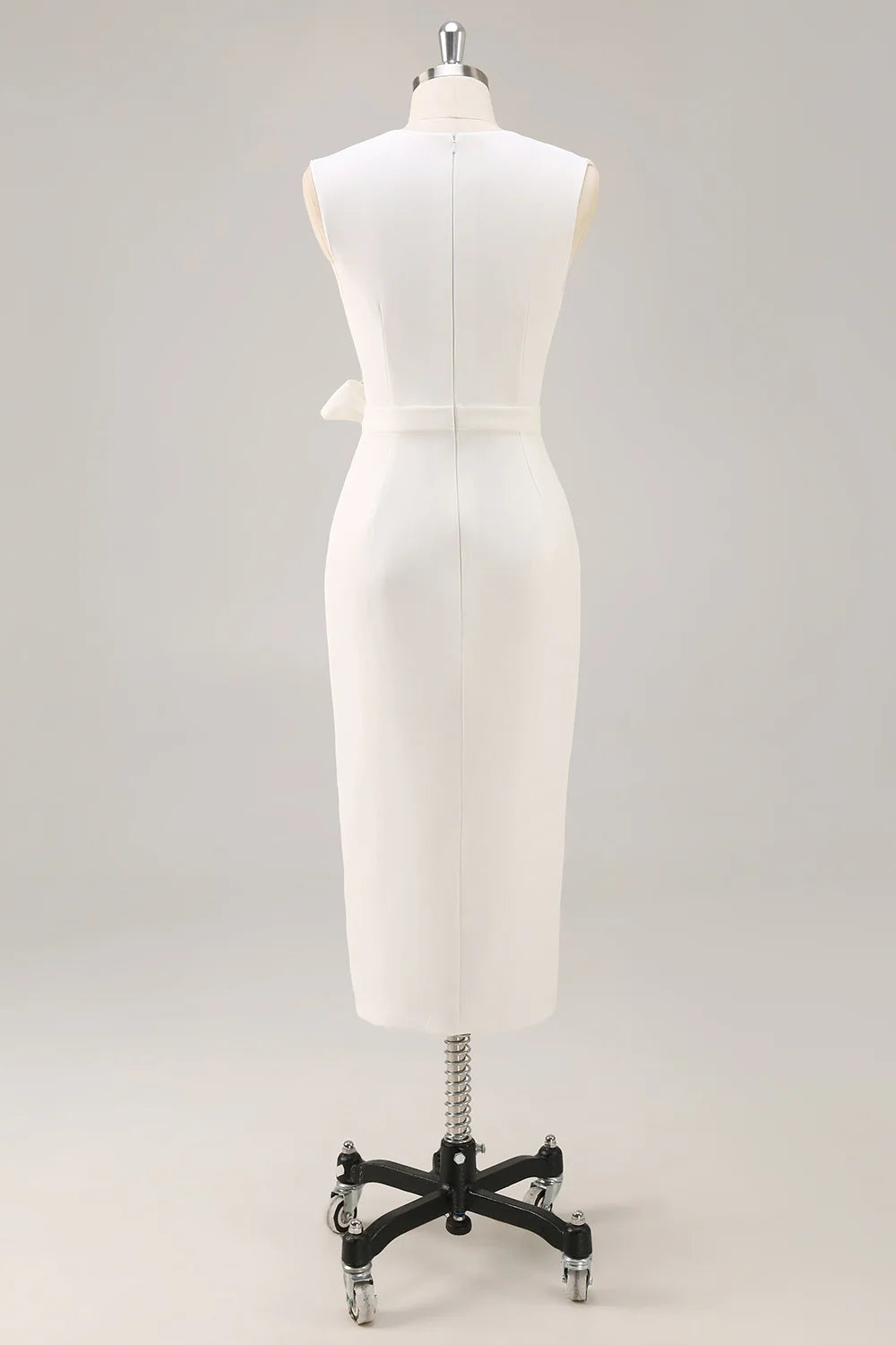 White Satin V Neck Work Dress with Belt