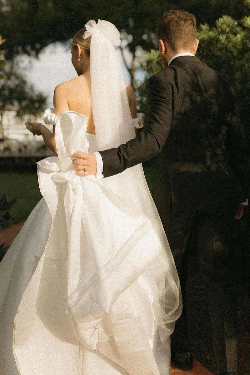 A Line Satin Off the Shoulder Wedding Dresses with Slit