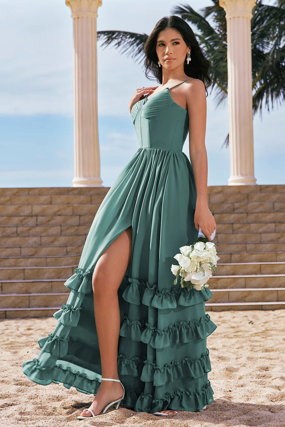 A Line Spaghetti Straps Corset Long Ruffled Eucalyptus Bridesmaid Dress with Slit